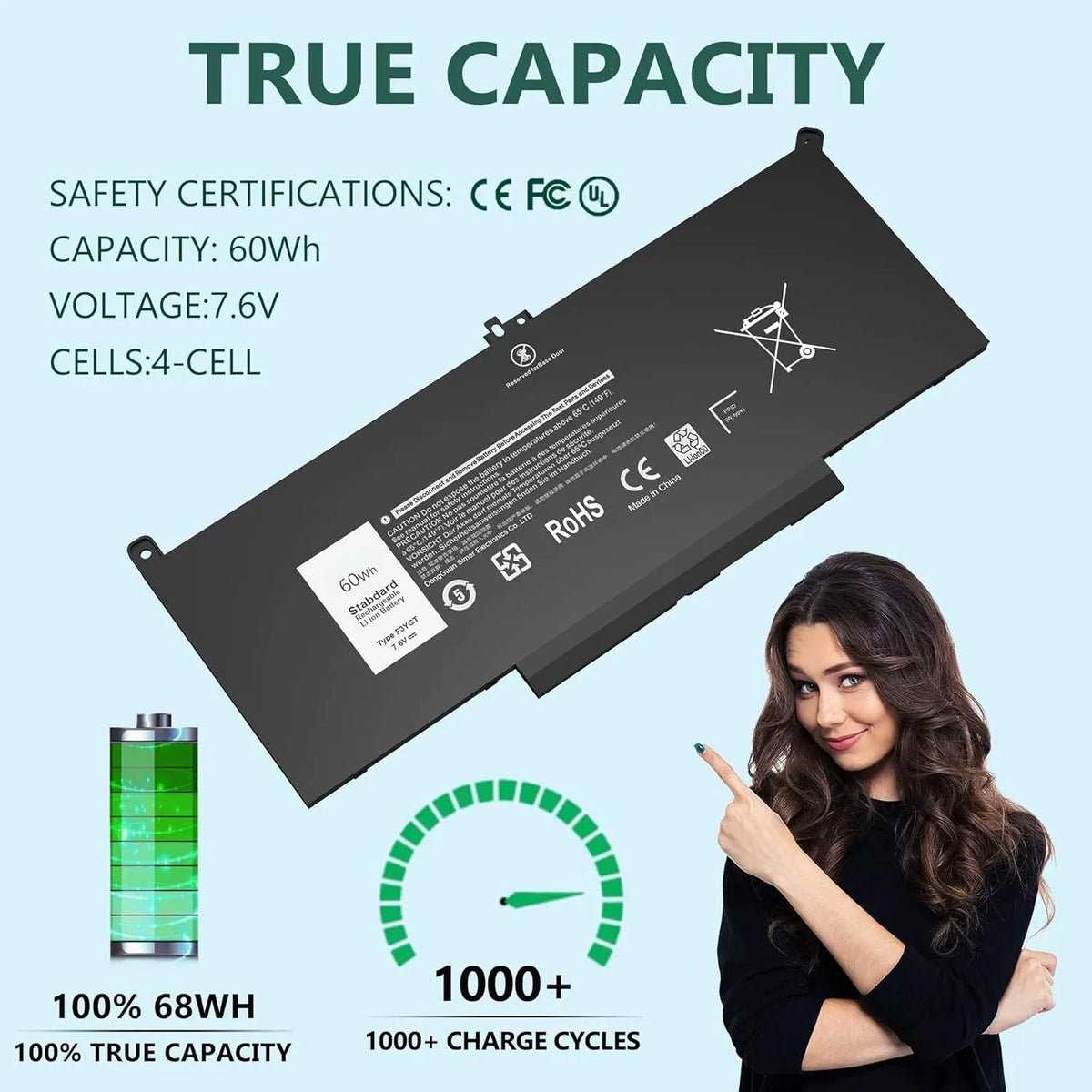 13 7490 F3YGT 7480 60WH 7290 7000 7280 7390 Laptop 12 14 y 7380 7480 Latitude 7000 2X39G Dell 7000 P29S002 for