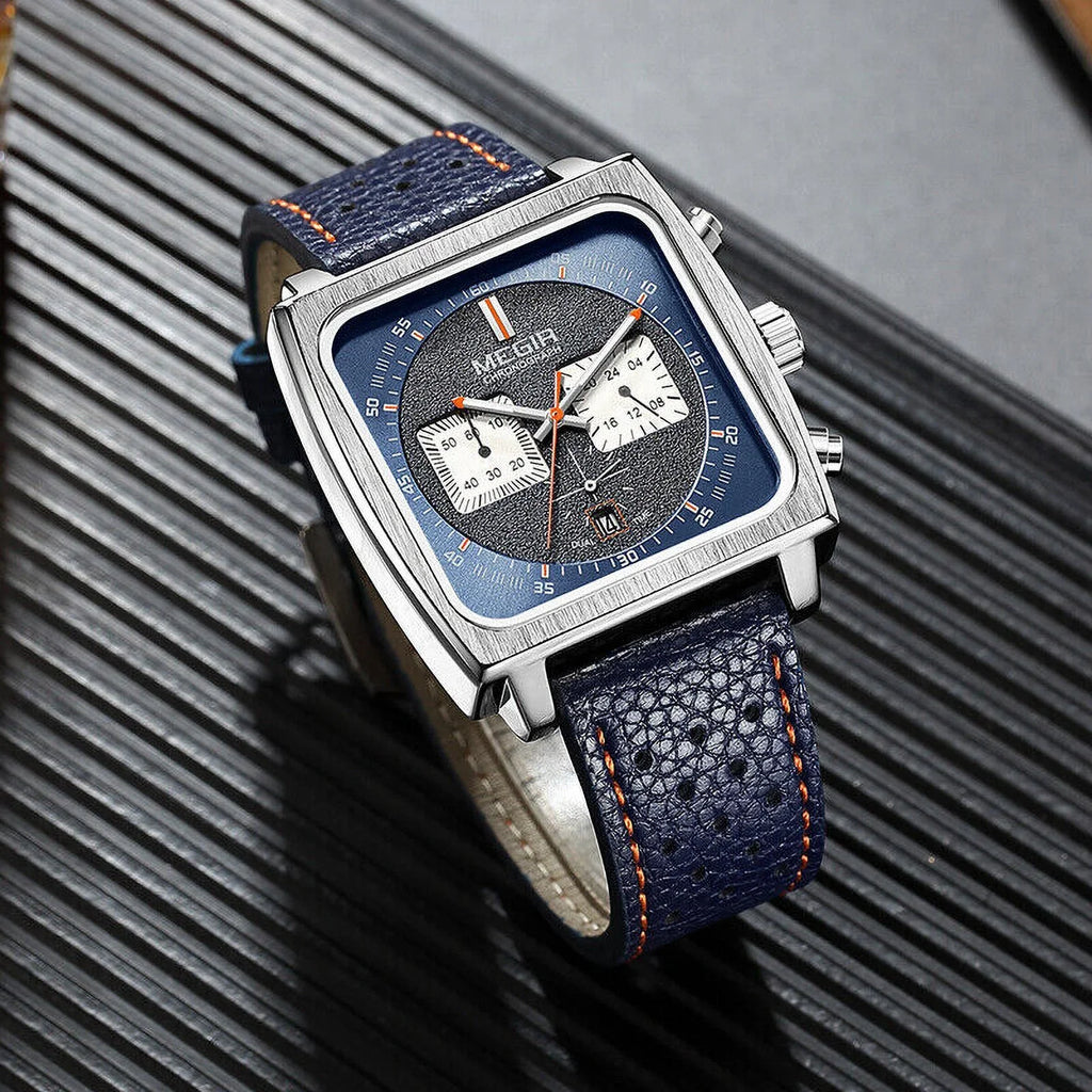 Square Quartz - KingFurt Date Waterproof Men's Watch - Leather Dial MEGIR Luminous, Display Blue Watch