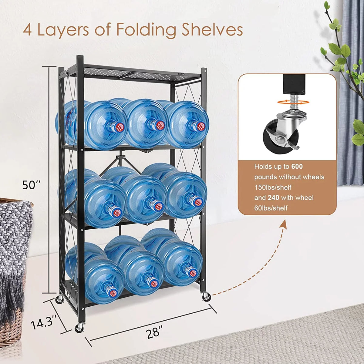 SUGIFT Kitchen Foldable Duty Heavy Black 3 4-Tier Shelf, Shelf Metal Shelf, with Storage Hooks,