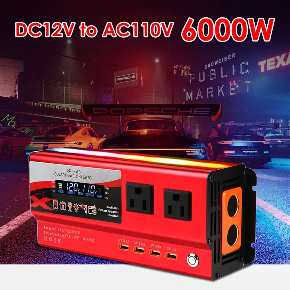 to 12V RV 110V Inverter Car Wave 6000W Power Converter LCD Pure AC DC Sine