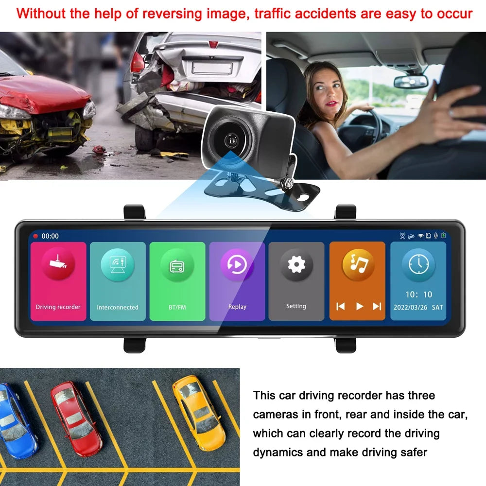 Video Cam Clear 3 Andoer Recorder Driving Recording 2.5K Auto Carplay Screen Recorder Mirror 12in Car Touched Car Dash Car Rearview Cameras