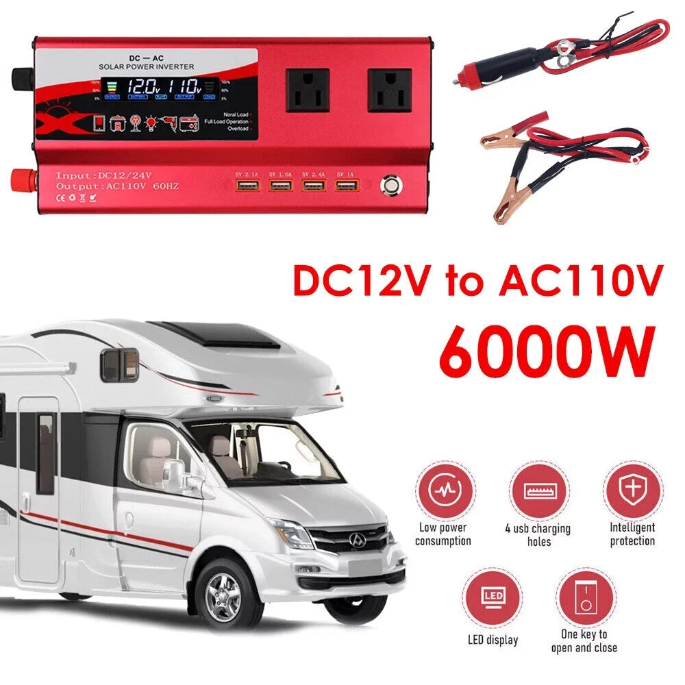 to 12V RV 110V Inverter Car Wave 6000W Power Converter LCD Pure AC DC Sine