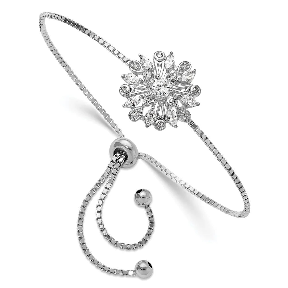 Rhodium-plated Floral CZ Women for 925 Auriga Adjustable Sterling Bolo Bracelet Silver