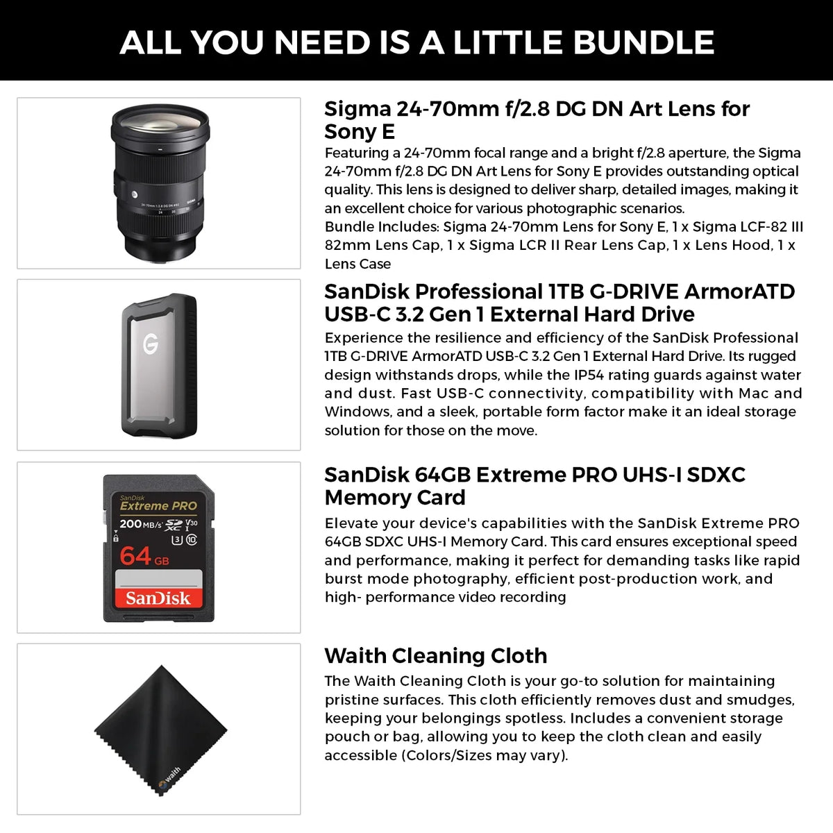 Professional (Bundle USB-C Hard Cleaning 24-70mm Memory with Sigma Card Lens DN Set) Microfiber 64GB F2.8 Cloth DG E for SDXC Gen External 3.2 Extreme and Drive PRO 1TB Waith Sony UHS-I Art 1,