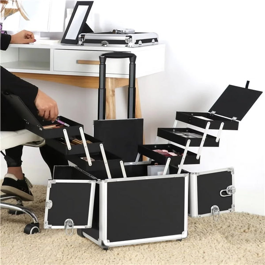 & Design Rolling Case Trolley with Retractable Alden Mirror, Trays, Makeup Wheels, Black