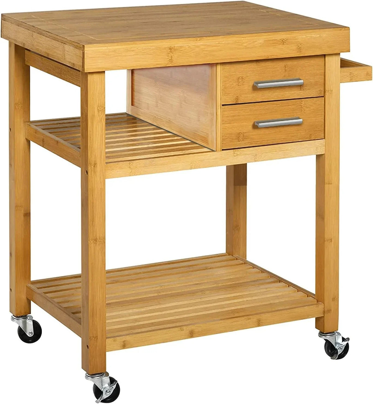With On Towel Trolley Block Drawers Rack, Shelves, Wood Casters, Food Island Rolling Cart Wheels, Butcher Bamboo Cart Locking Prepping Kitchen