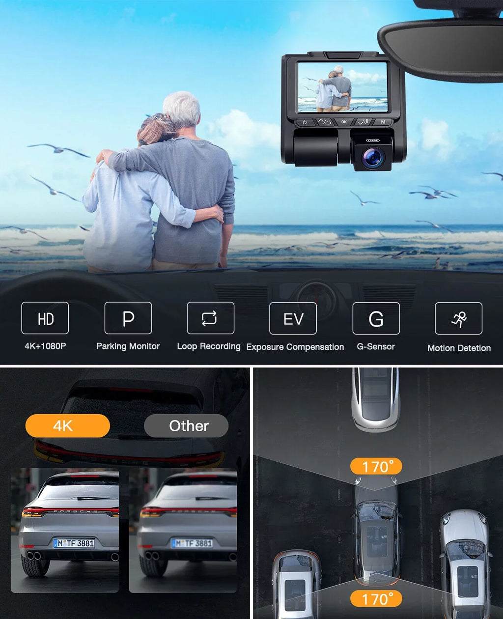 Recording Front 4K+1080P G-Sensor 4K Mode Inside TOGUARD 3" Car Cam and Loop LCD Camera Camera Dash Screen Dash Parking