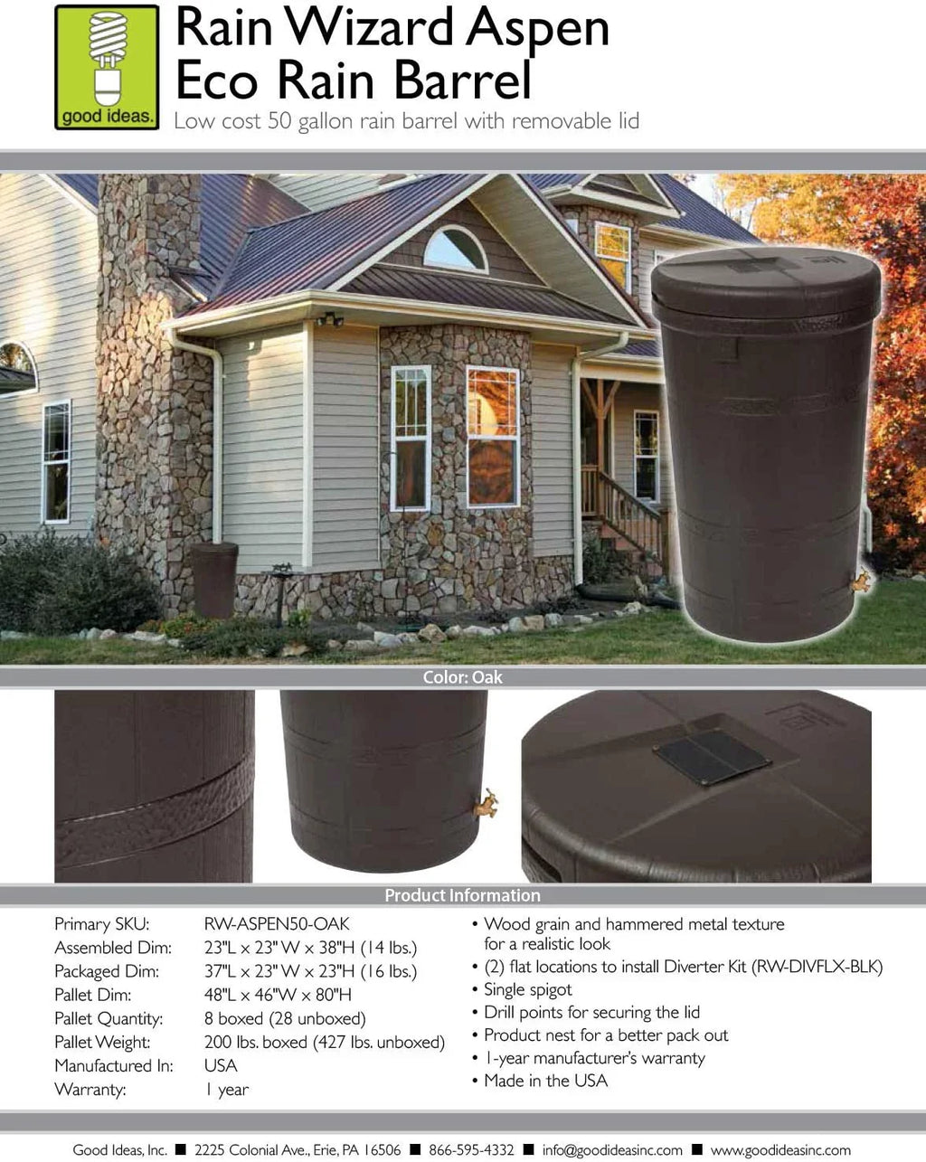 Ideas Storage 50 Outdoor Gallon ECO Rain Water Collector Aspen Good Barrel