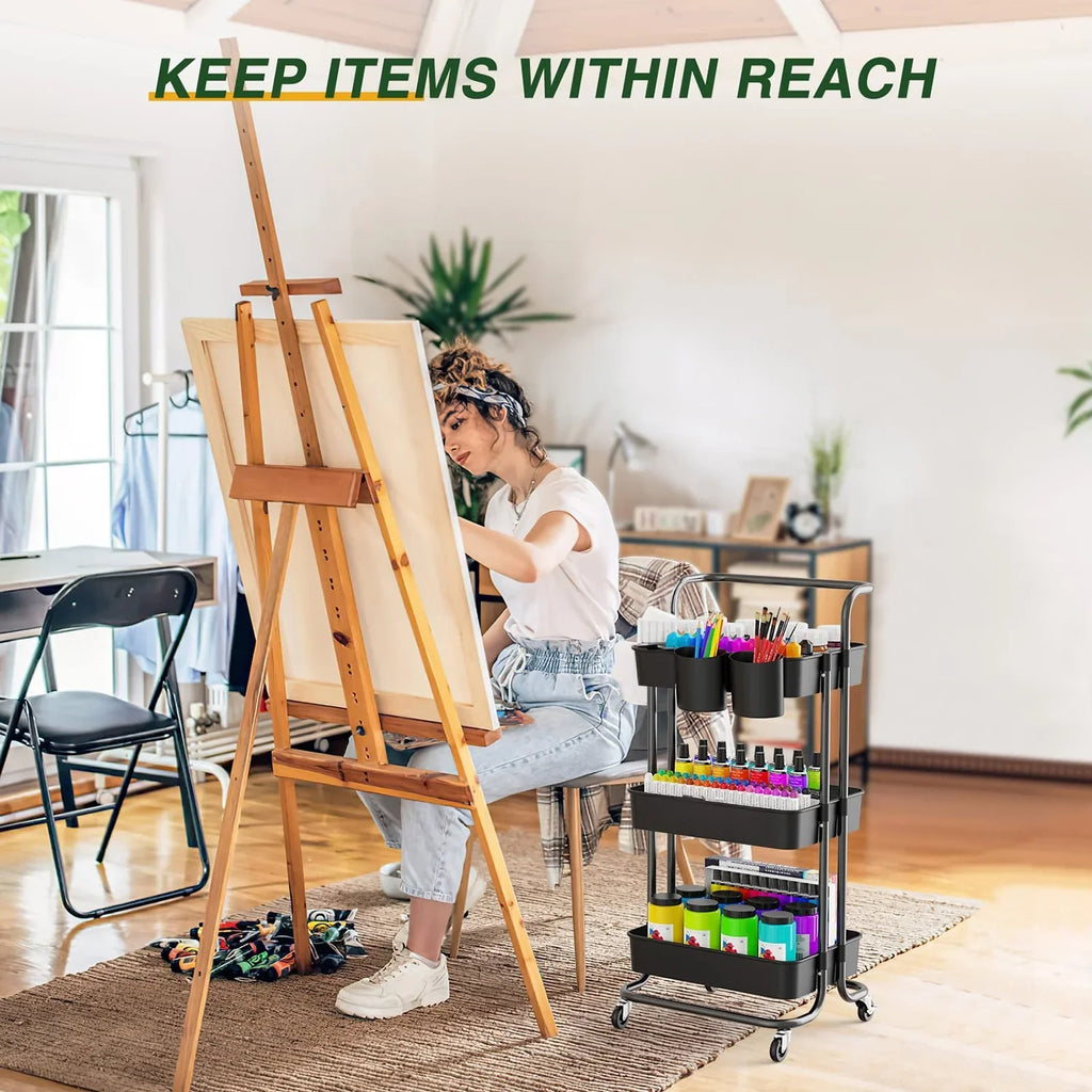 Handle Cart, Wheels3-Tier, Annvchi Storage Office for Trolley, Rolling Storage Multifunctional Room with Utility with Shelves Storage Multi-Functional Cart Kitchen Black Organizer Living