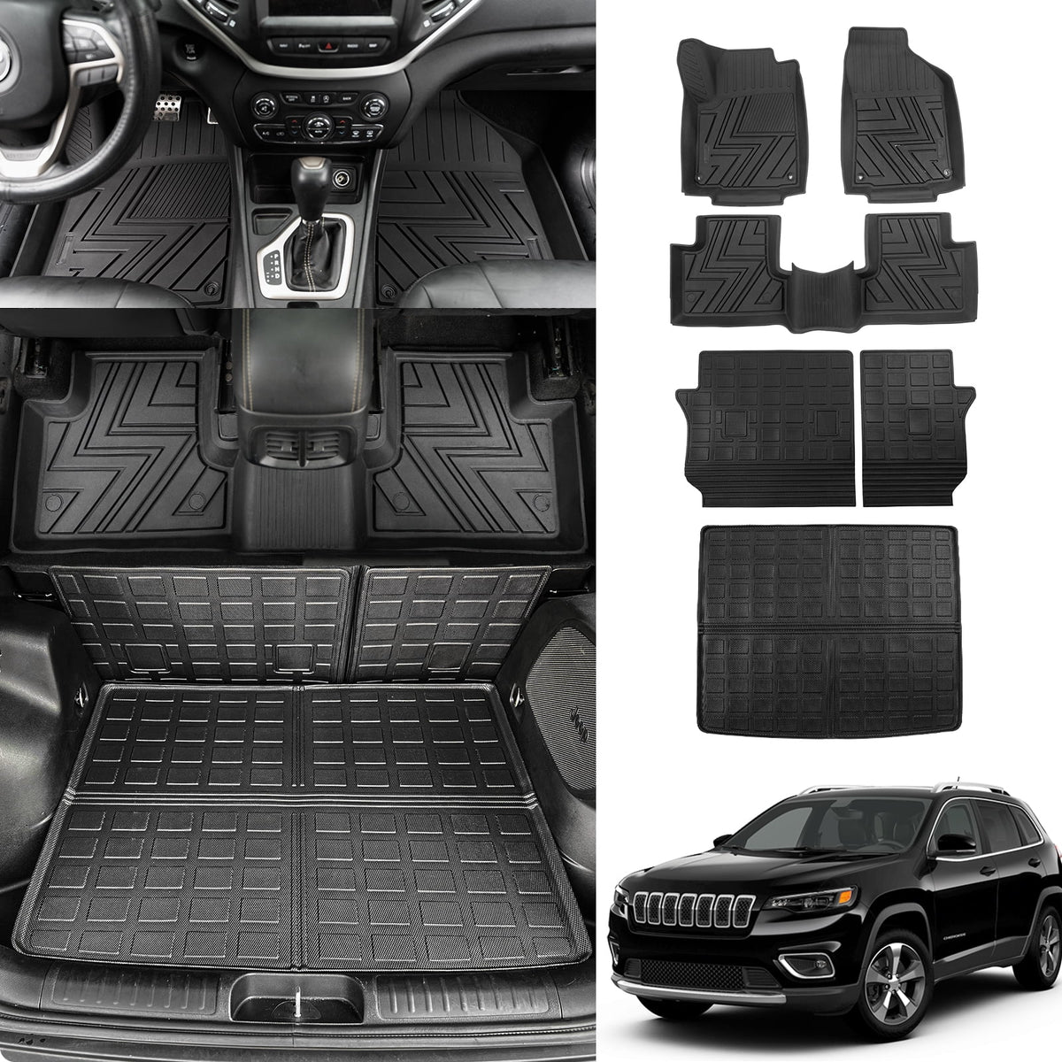 Floor Seat Back Liner Mats) (Trunk Jeep Compatible Trunk Cherokee Mat TPE Weather 2022 Mats+Floor Cargo with Mats 2019-2023 Protector Cherokee Accessories Cover Mat+Backrest All