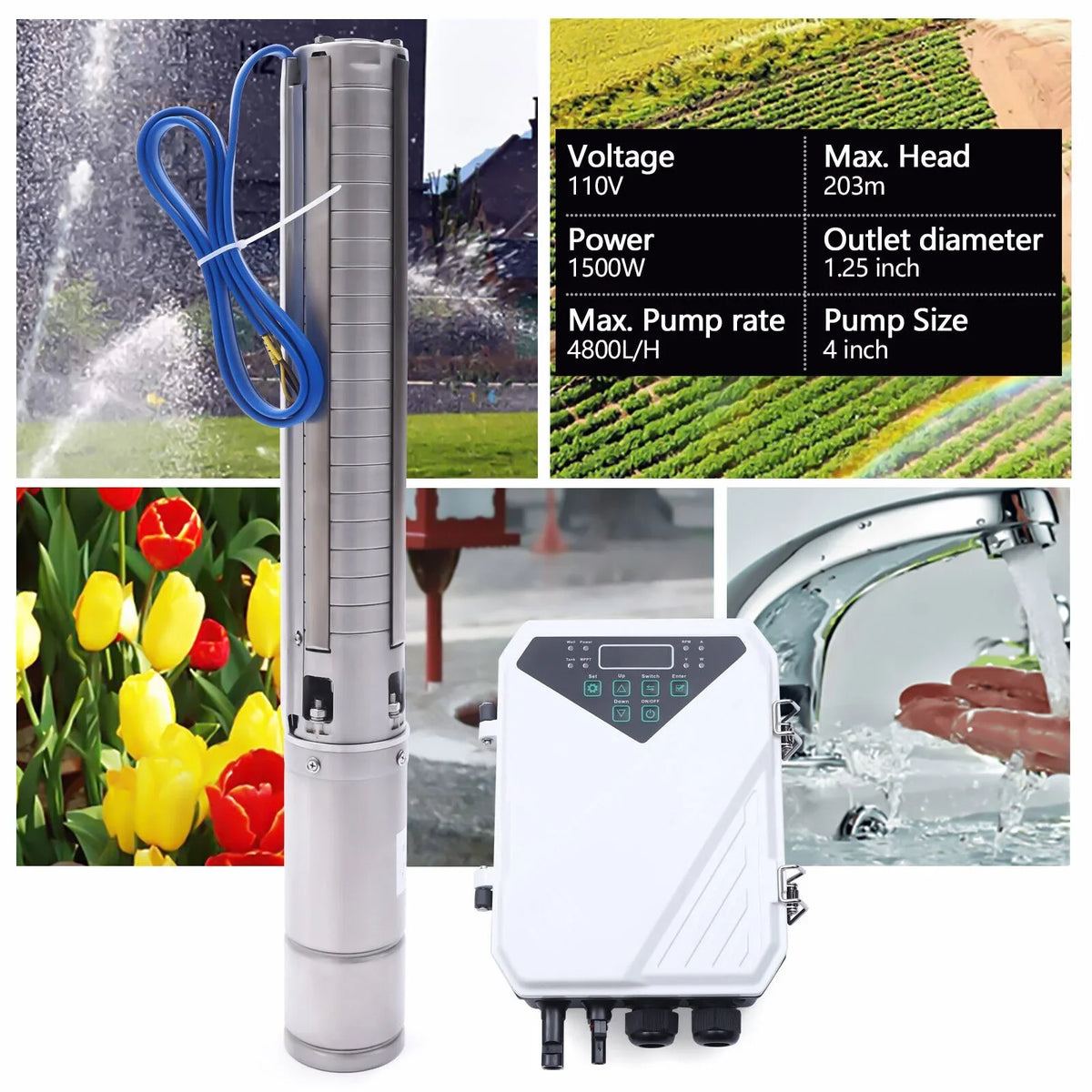 Well Pump 2 Submersible HP Water DC 110V 4" Solar MPPT Deep Kit Controller Pump