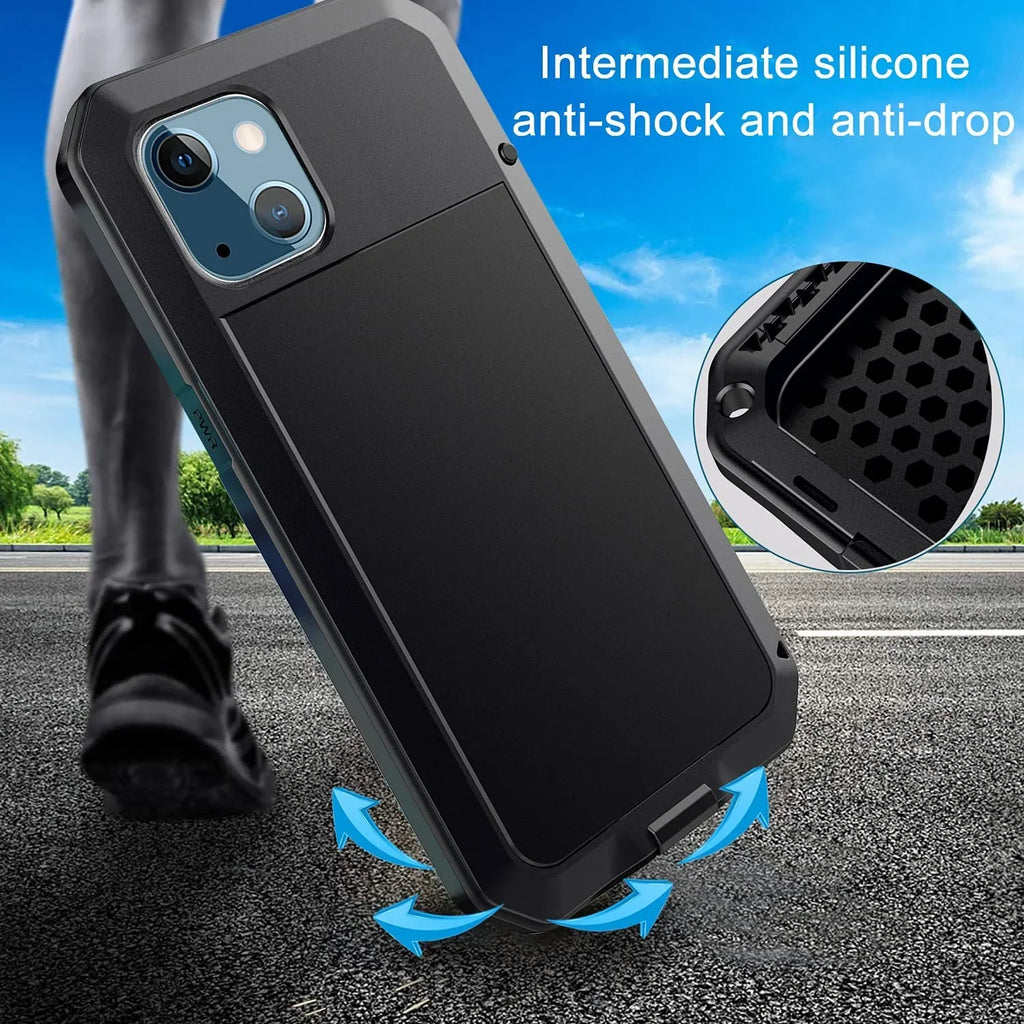 Grade Protection, Rugged Shockproof iPhone Aluminum Resistant Scratch Travel 14 Heavy (Black) Military Gorilla Outdoor and Pro Case Metal Glass Duty