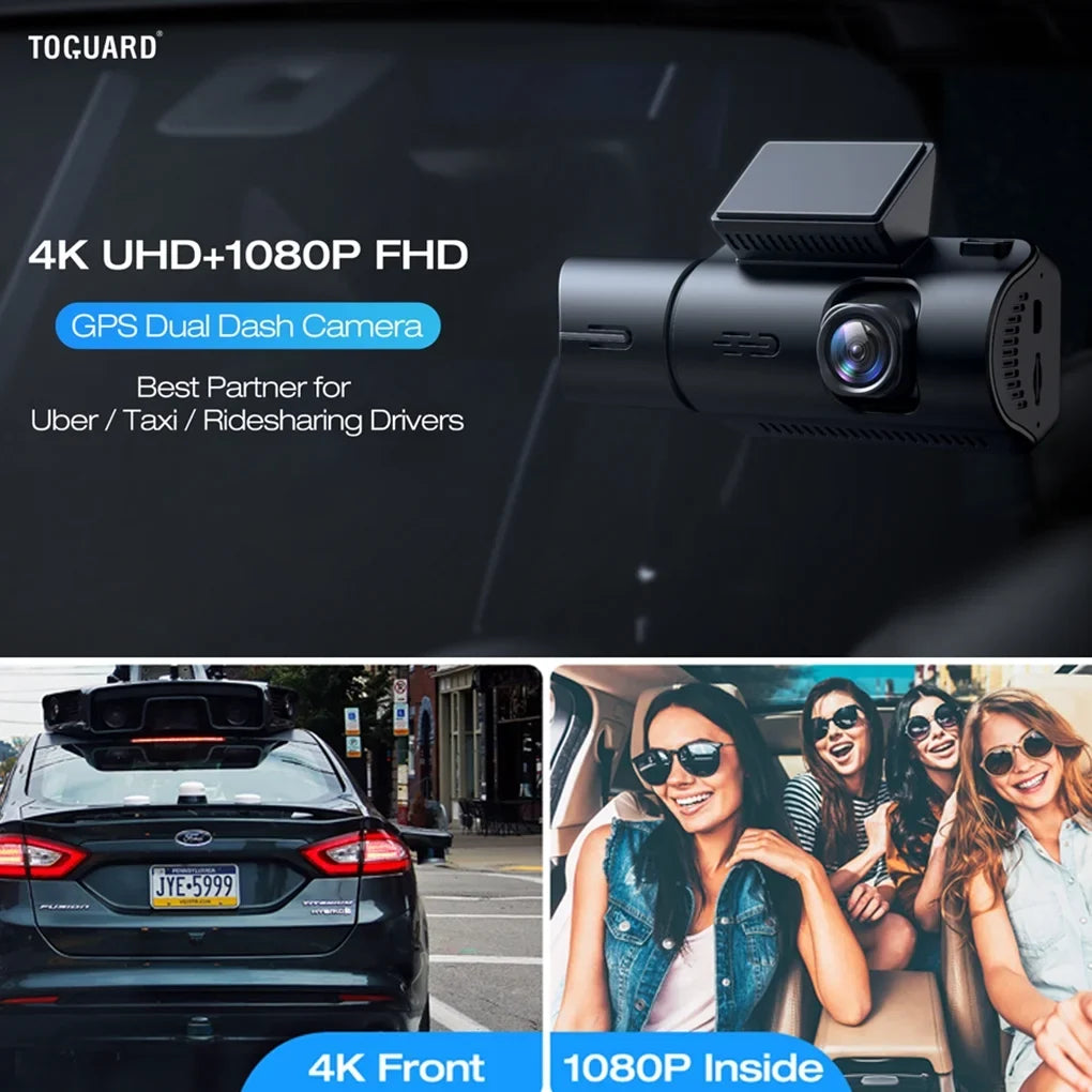 Front Dual IR Dash Max, and Camera 3.16" Support 4K Wide 170° Display, Vision, GPS Cam TOGUARD 256GB Black Angle, Night Inside Dash with Car
