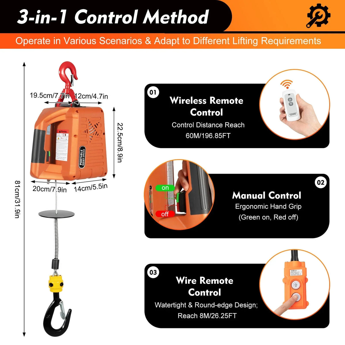 300kg/660 Lift Winches 3-in-1 lbs Winch Remote Crane Electric W/ Hoist Portable