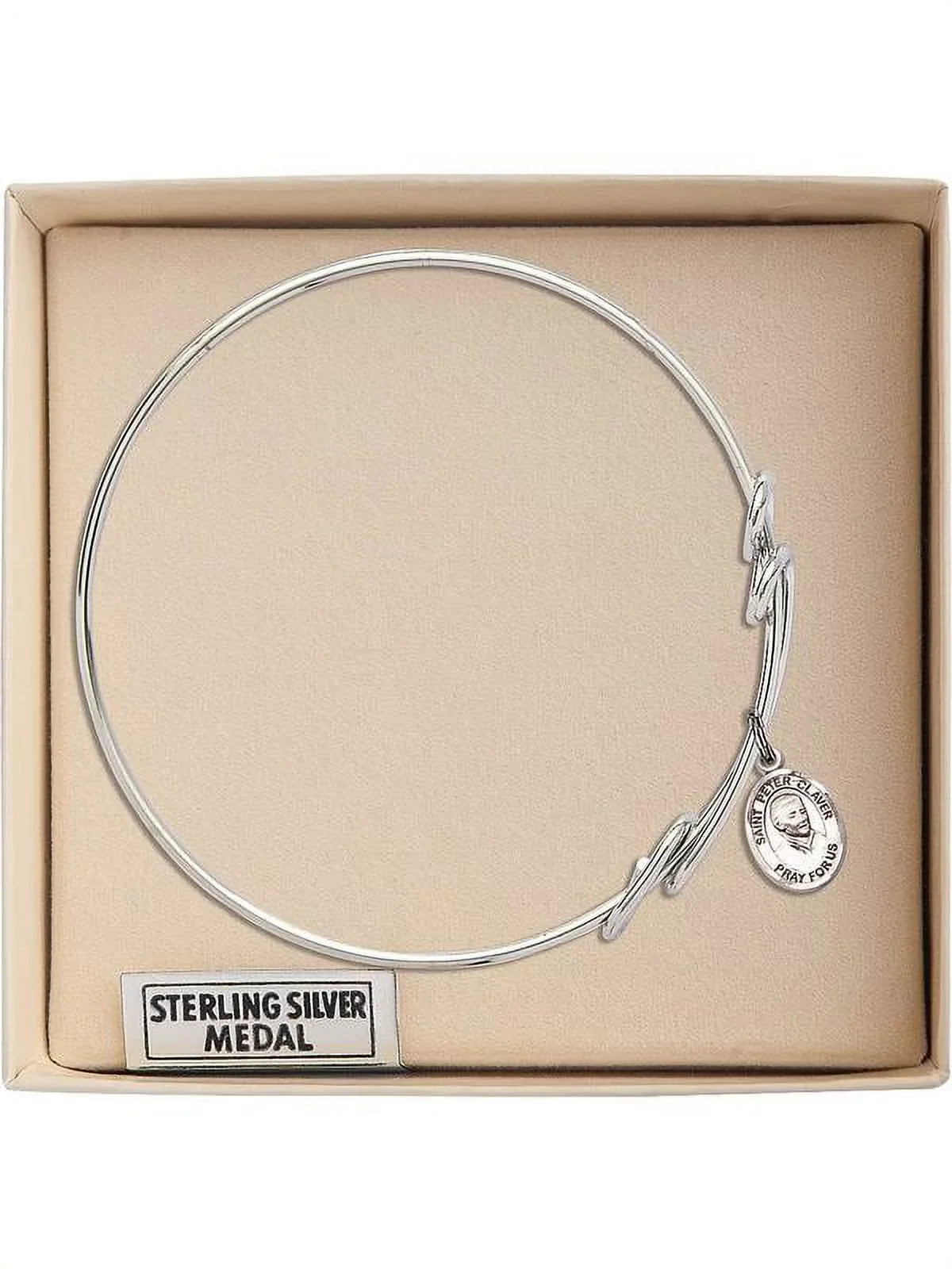 Double Silver w/ 8 Peter Claver St. 1/2 Bangle inch in Round Sterling Loop Bracelet