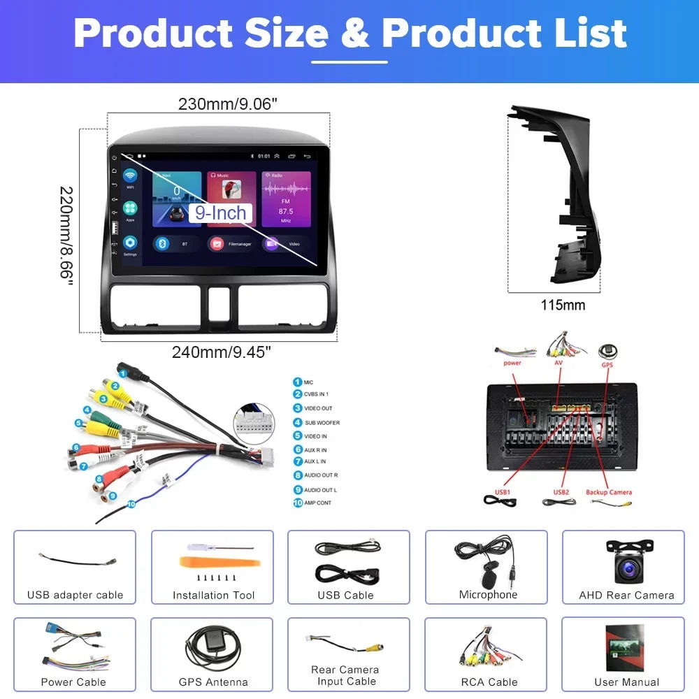FM Hifi Camera&Microphone GPS for Wireless Link Backup 1080P CRV Bluetooth Carplay Mirror Touchscreen 9'' 2002-2006 WIFI Usb, Radio Stereo Auto Android Player Honda Car 2+32G AHD