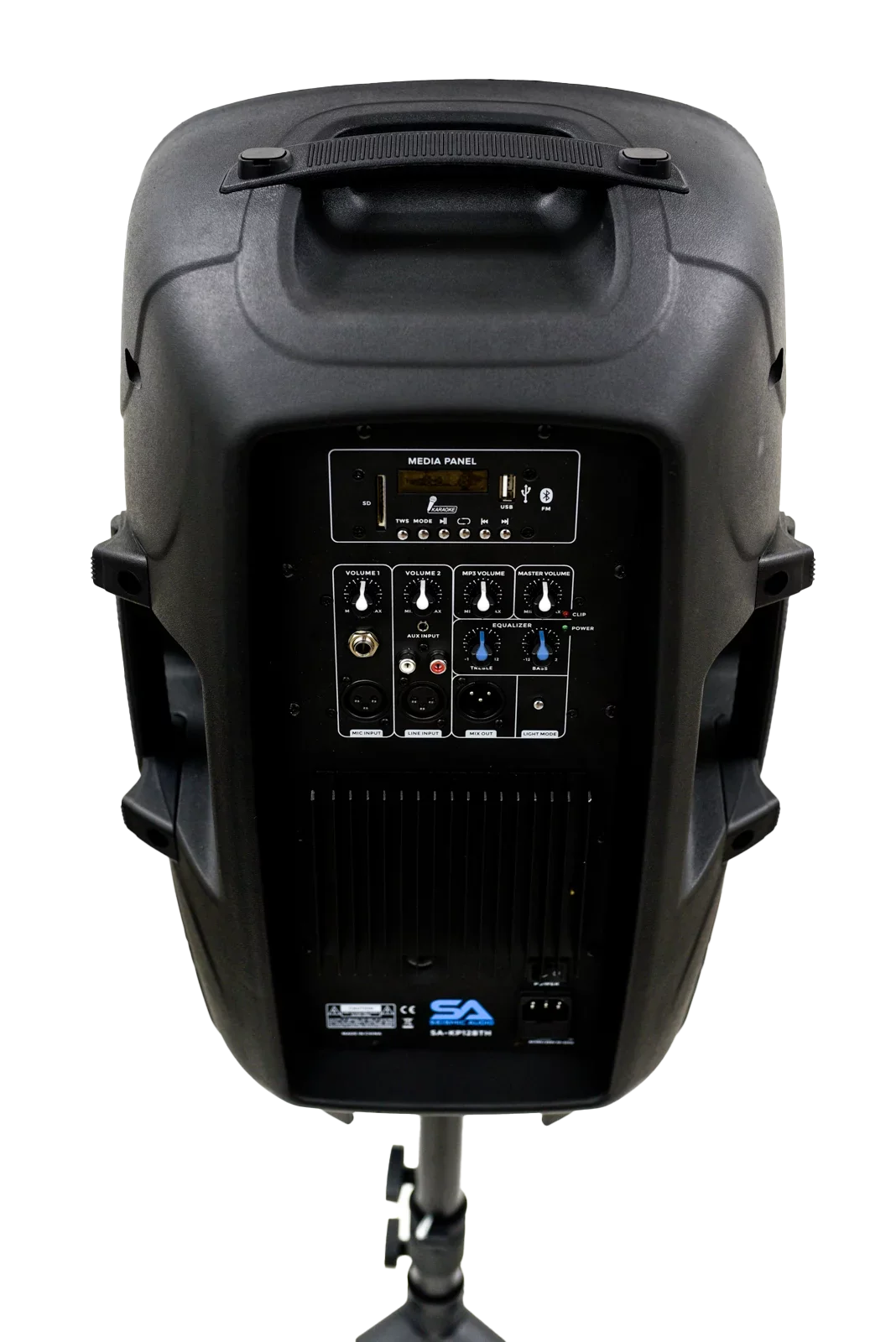 System Seismic Cable Stand, Lights, and Party Microphone, SA-KP15BTH 15 Home PA Karaoke LED Audio with DJ Speaker Inch Bluetooth Remote Active