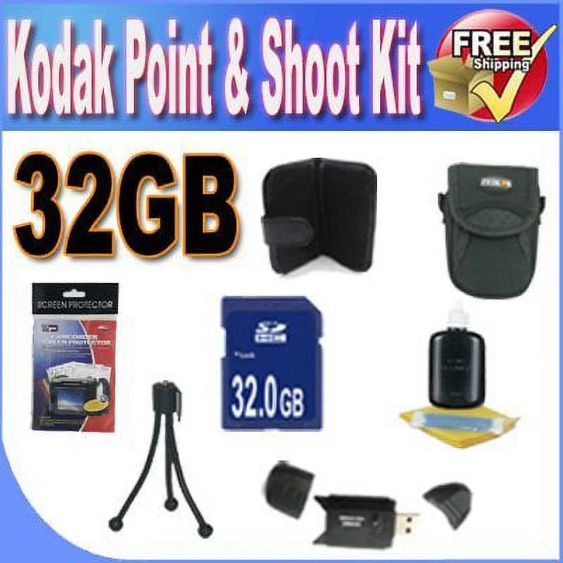 '+ Kodak USB Case Bundle Accessory (32GB Saver Scree Point + LCD Card w/Strap & + Reader SDHC Camera Memory Shoot Deluxe