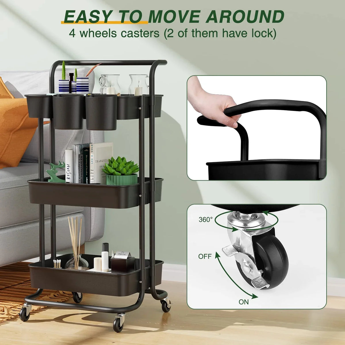Handle Cart, Wheels3-Tier, Annvchi Storage Office for Trolley, Rolling Storage Multifunctional Room with Utility with Shelves Storage Multi-Functional Cart Kitchen Black Organizer Living