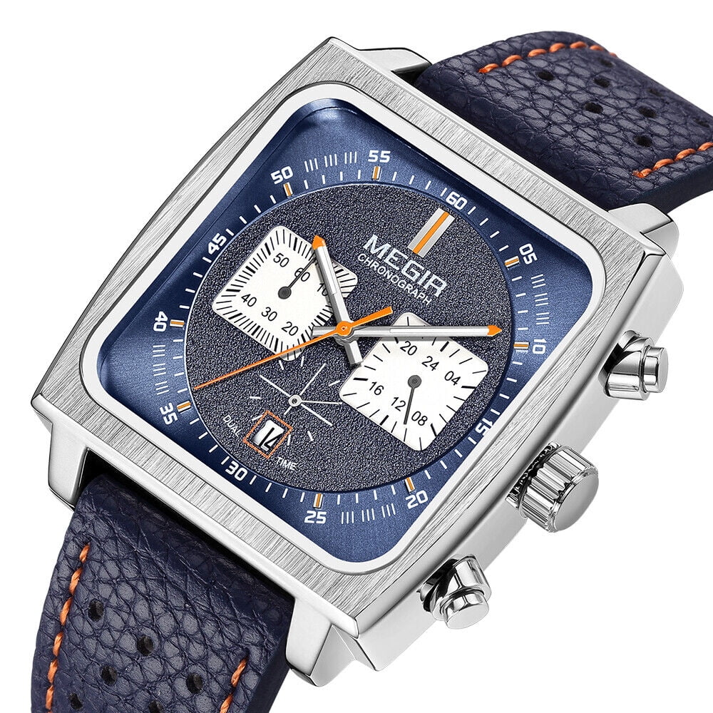 Square Quartz - KingFurt Date Waterproof Men's Watch - Leather Dial MEGIR Luminous, Display Blue Watch