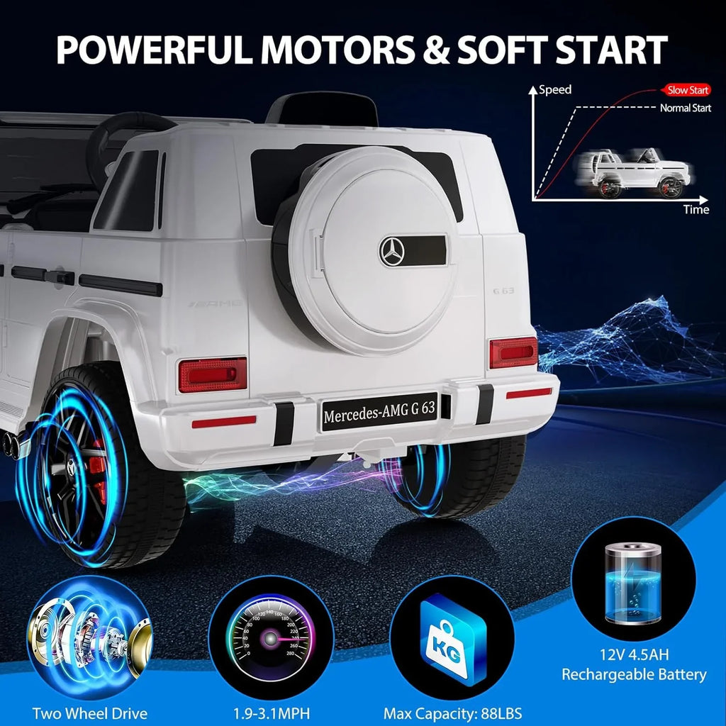 Vehicle, on G63 Benz Lock Car, Suspension, Ride Horn, AUX, Electric Bluetooth, Kids White Electric Powered Music, Safety 12V Spring Mercedes Light, Battery LED Car w/Remote Licensed Control,