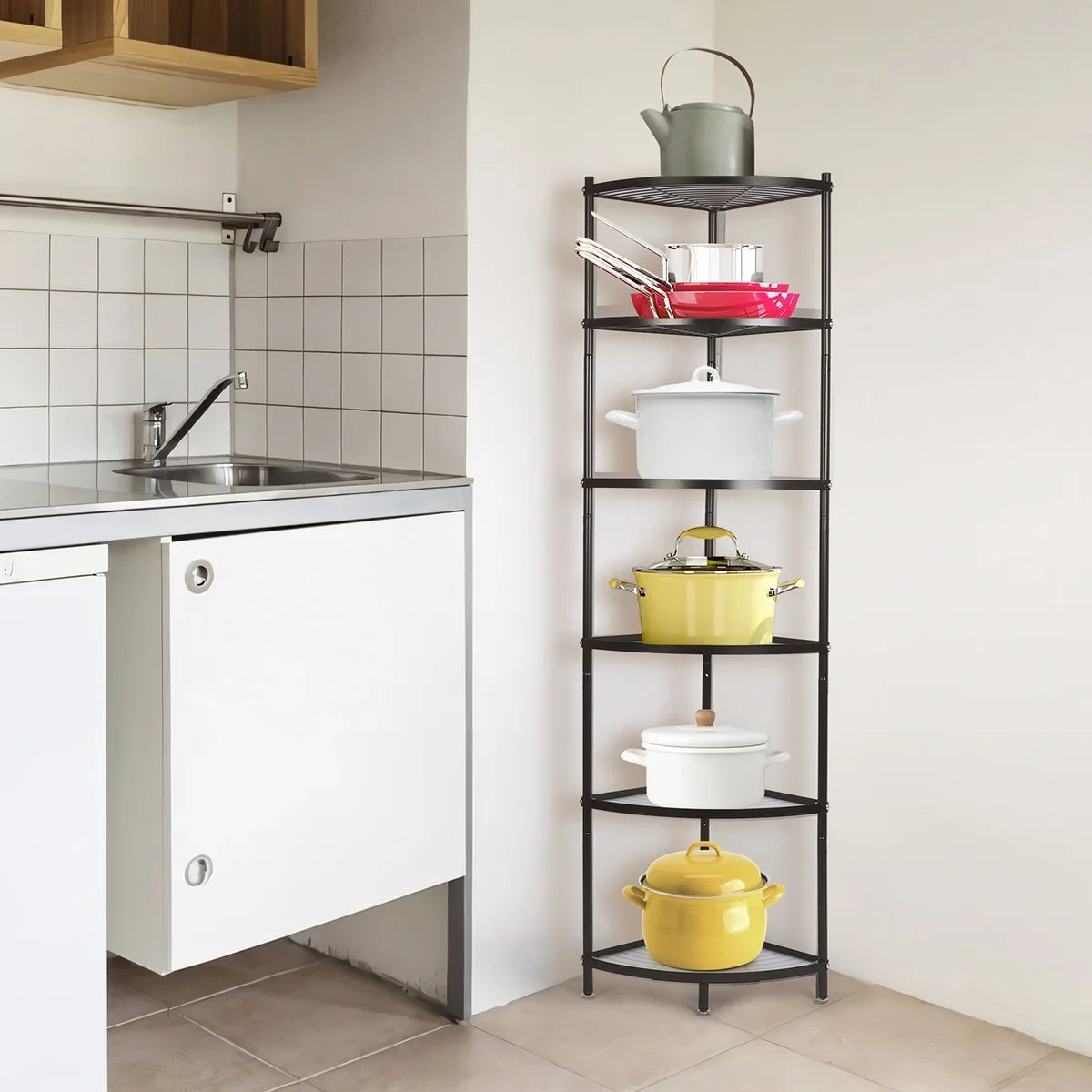 Pot tonchean Corner Carbon Rack Steel Rack Shelf Storage Organizer 6-Tier Free Kitchen Standing