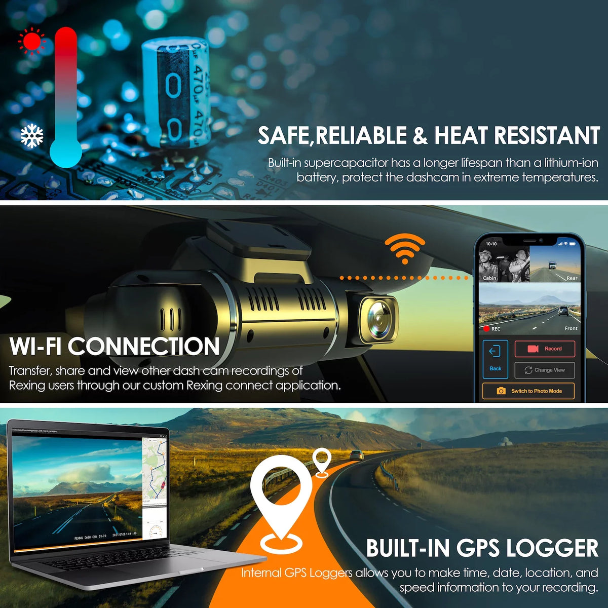 3-Channel Recording and Wi-Fi Rexing Dash Pro V2 with 1080p AI GPS Cam, Front/Cabin/Rear
