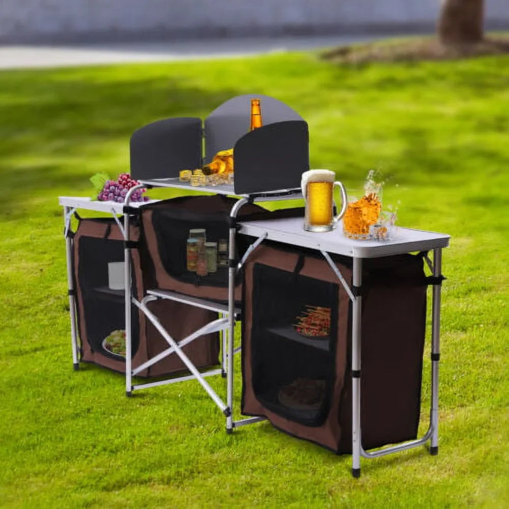 Camping Rack Portable Table Folding Kitchen Storage Table Cooking Cabinet Picnic