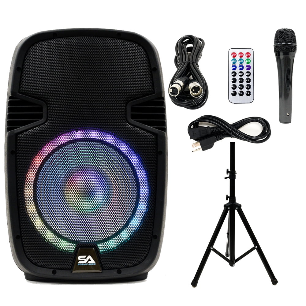 System Seismic Cable Stand, Lights, and Party Microphone, SA-KP15BTH 15 Home PA Karaoke LED Audio with DJ Speaker Inch Bluetooth Remote Active