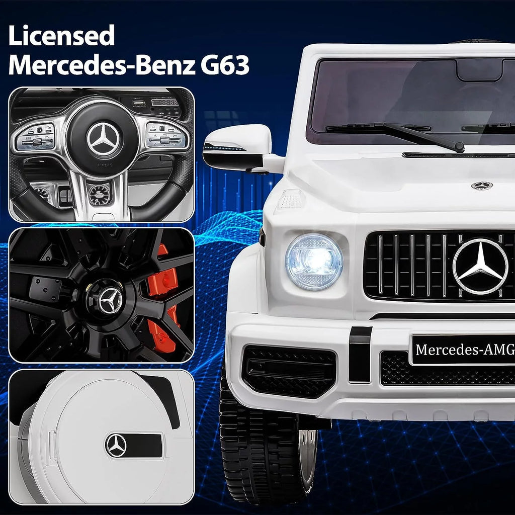 Vehicle, on G63 Benz Lock Car, Suspension, Ride Horn, AUX, Electric Bluetooth, Kids White Electric Powered Music, Safety 12V Spring Mercedes Light, Battery LED Car w/Remote Licensed Control,