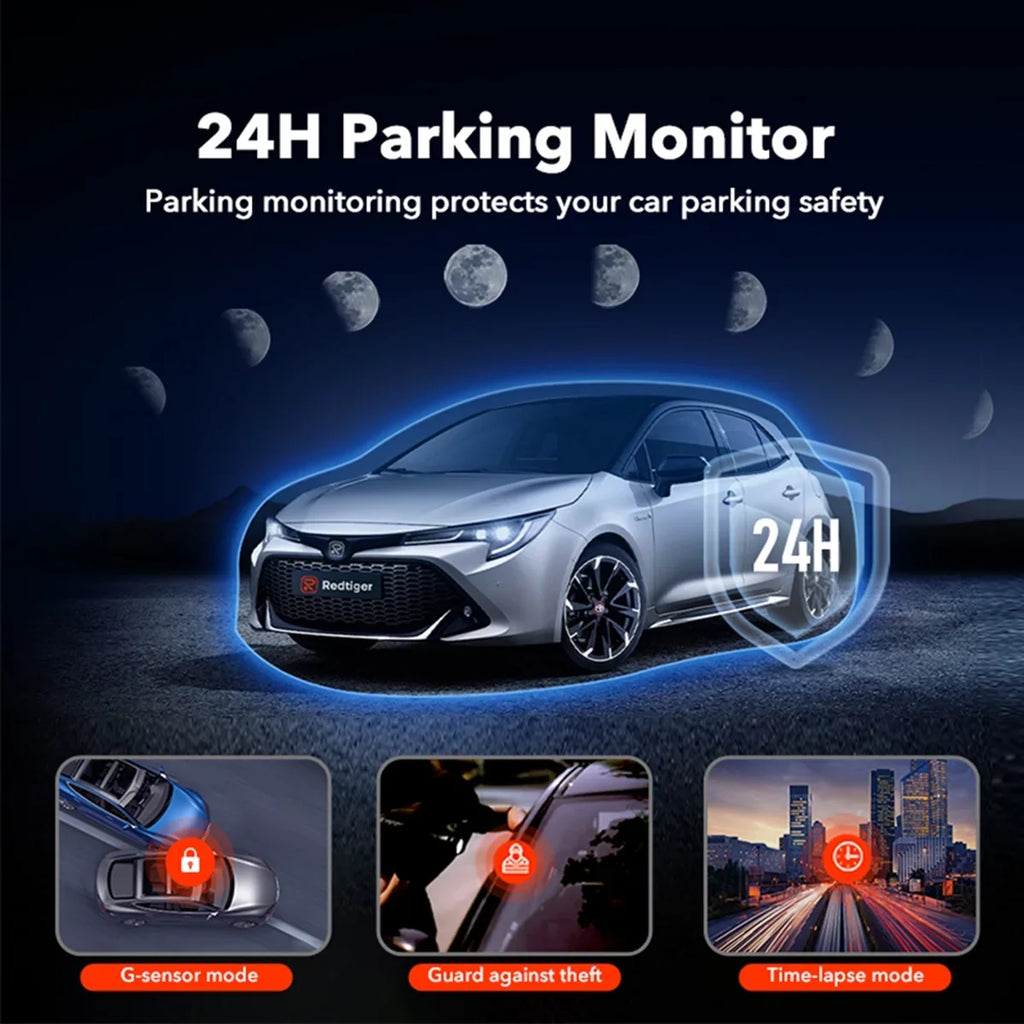 4K Wi-Fi 2160P Dash LCD Screen, Camera, UHD 4K Parking with & 24H Camera 3.18" Dash Black GPS, Car Cam, REDTIGER Monitor,