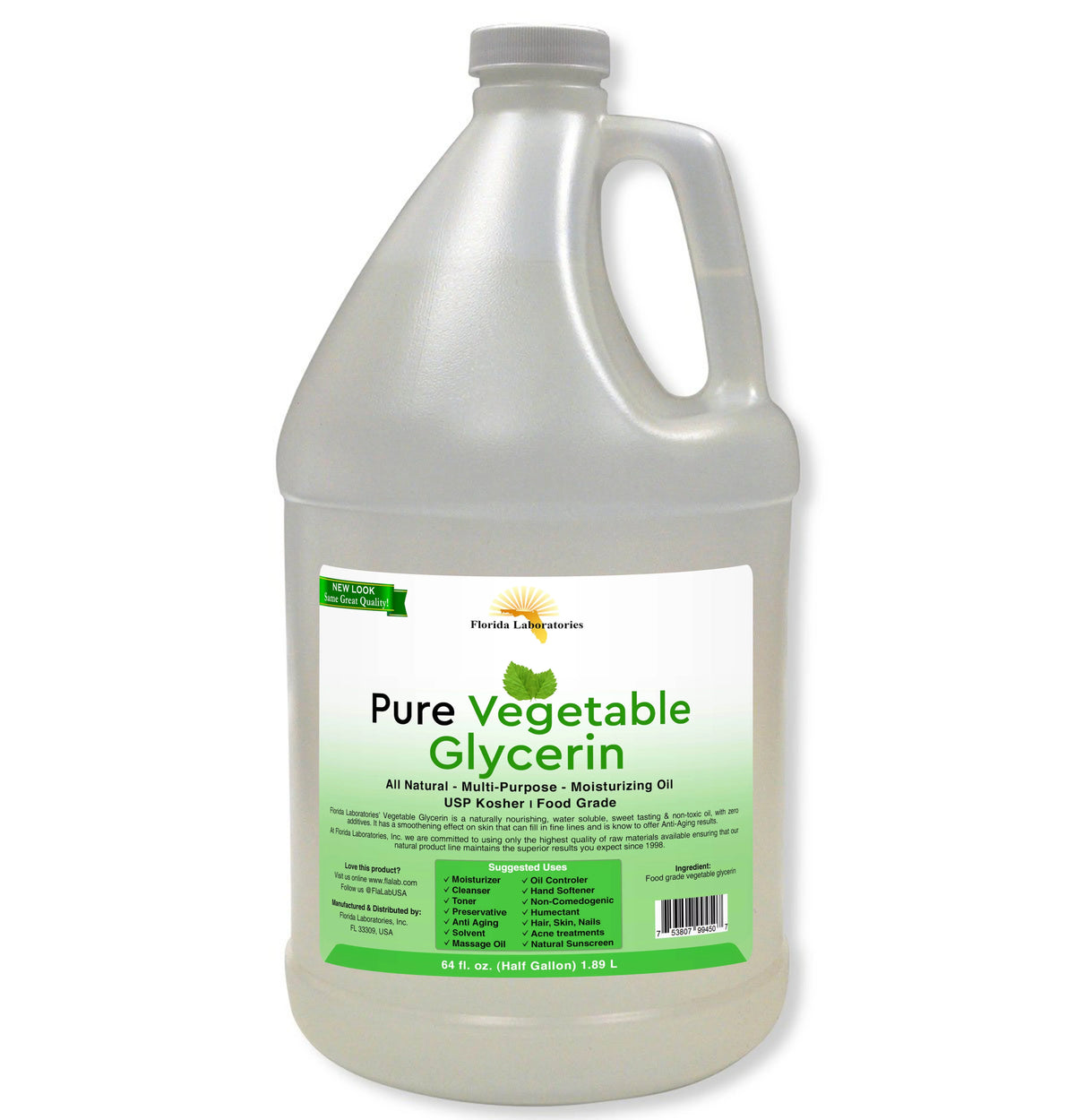 Vegetable Natural, 100% Food (64 Kosher oz), Glycerin Grade, Half Gallon Pure