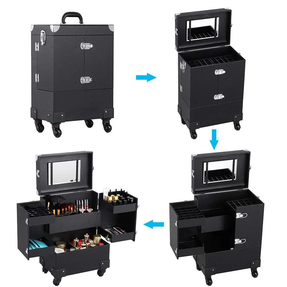 Removable Train with 4 Rolling Case Black and Handle, Cosmetic Rod Trolley Makeup Pull Spinner Luggage Mirror Case, Wheels, Travel