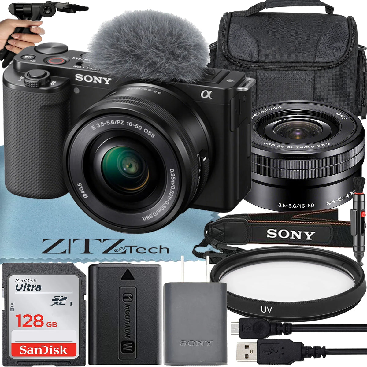 Accessory + Card ZV-E10 + (Black) Bundle Vlog ZeeTech + With 16-50mm Sony Mirrorless Case Lens Camera + Alpha 128GB Memory Tripod