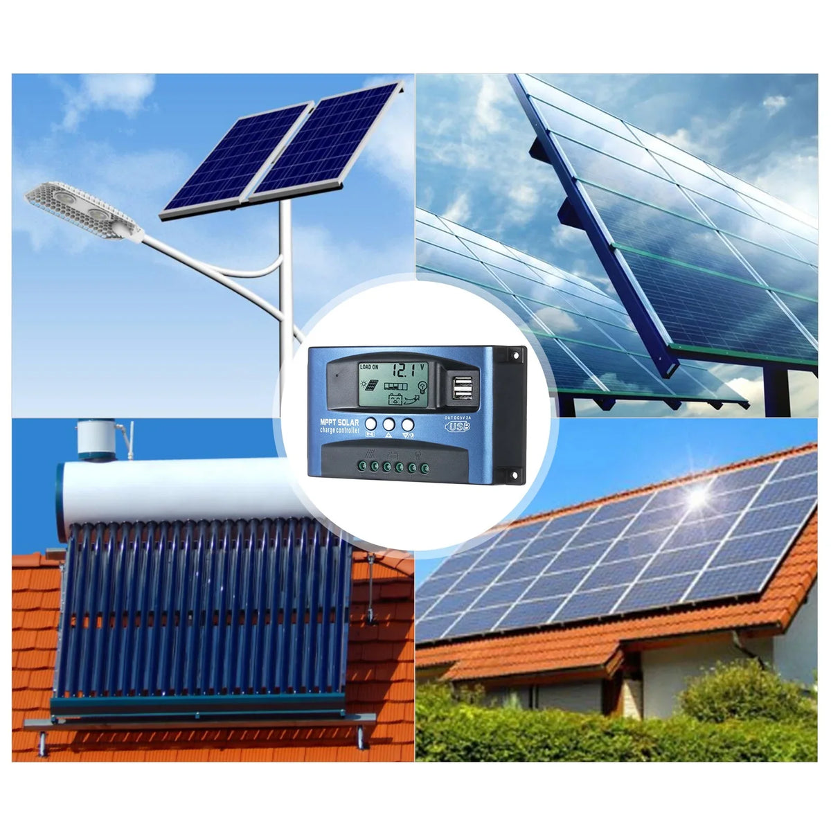 Solar Dual MPPT Identification 5V/2A Smart Automatic Dual Controller Screen Output Tracking USB Controller 12V/24V USB LCD MPPT Charge Solar