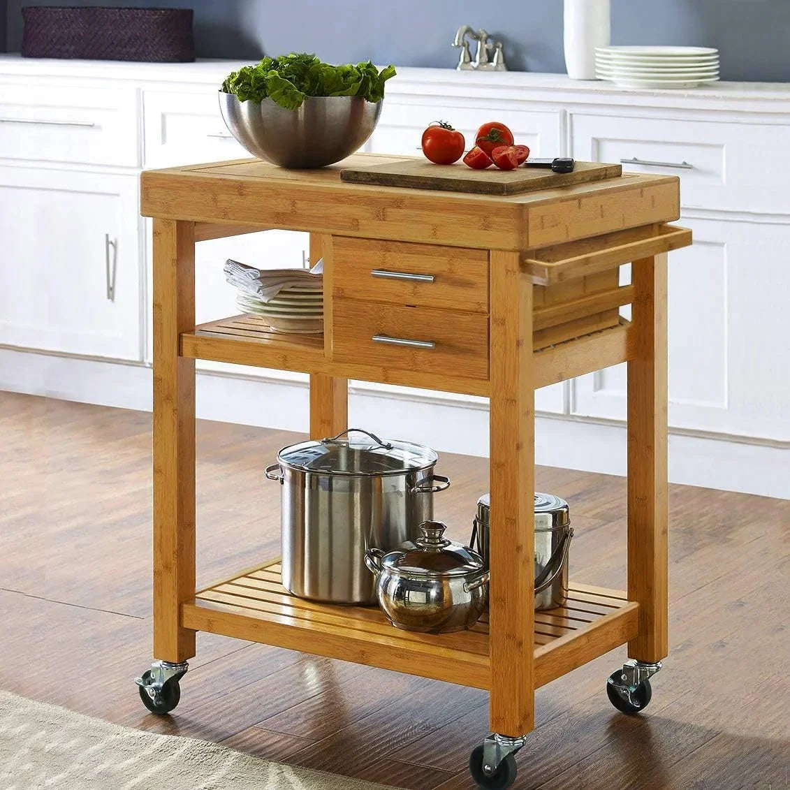 With On Towel Trolley Block Drawers Rack, Shelves, Wood Casters, Food Island Rolling Cart Wheels, Butcher Bamboo Cart Locking Prepping Kitchen