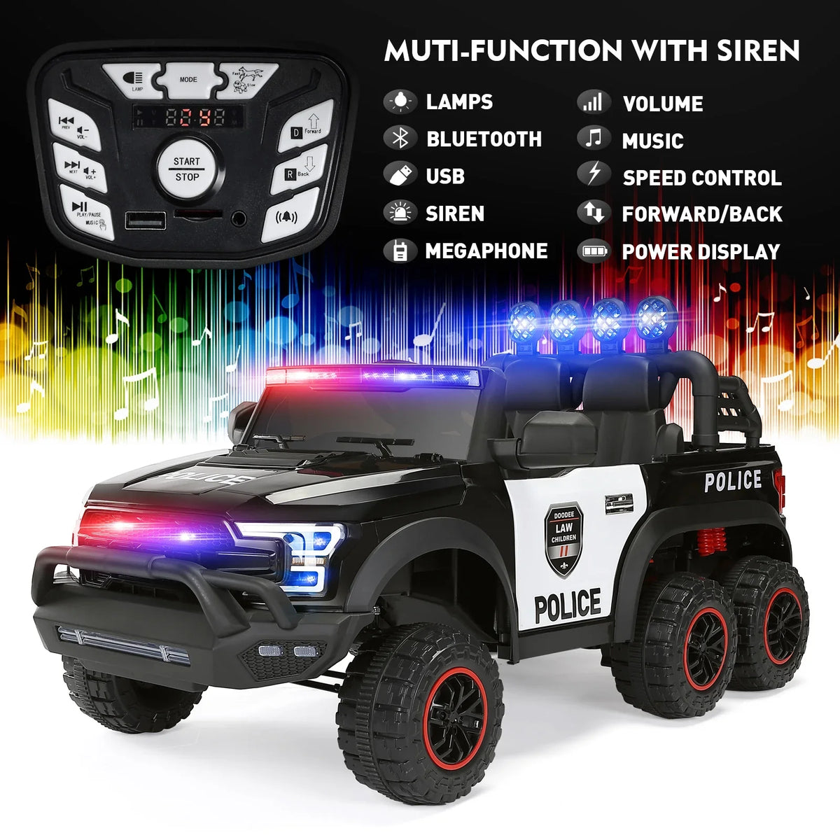 Remote 6 on Kids Police Car Toy (Black) Ride 12V Control with JOYLDIAS Wheels