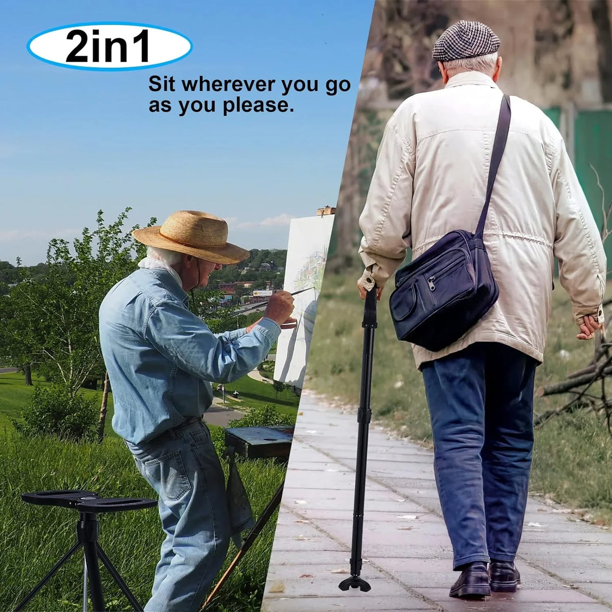 with Balancing 2 Cane Tripod Travel & Portable Men Handicap Cane Lightweight Seniors Women Bag Crutch Cane Walking Chair Sturdy and Mobility for Base Canes for Seat Aid & Elderly, Stool Folding