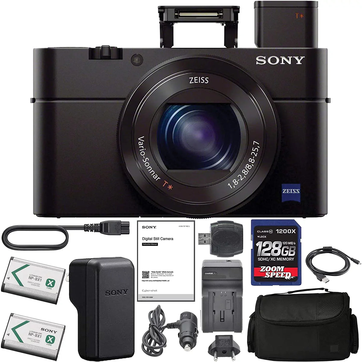 DSC-RX100 + (1 Version AOM Kit Cyber-Shot Sony Bundle III International (DSCRX100M3B) Pro Wty) 128GB Year AOM Camera Combo - Digital