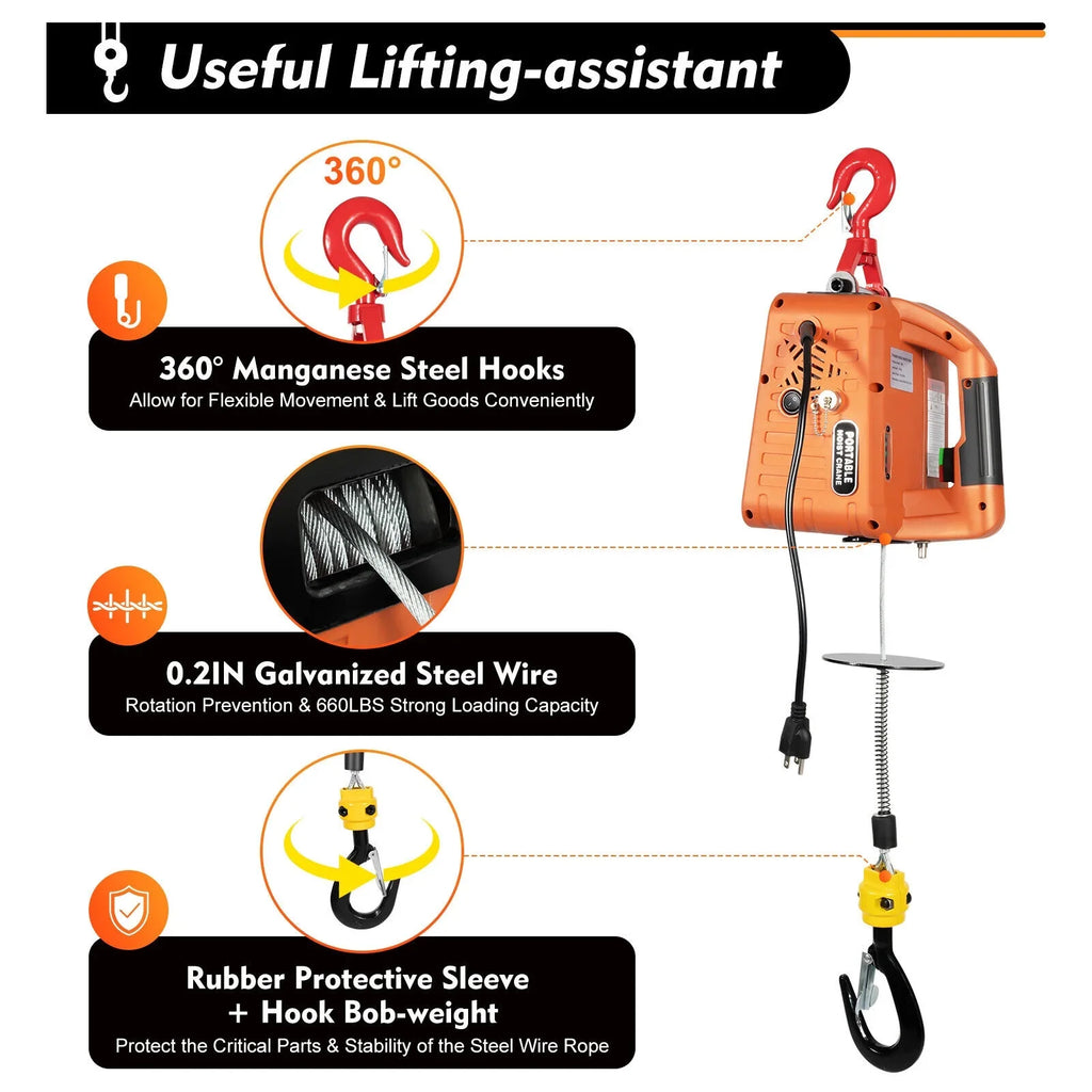 300kg/660 Lift Winches 3-in-1 lbs Winch Remote Crane Electric W/ Hoist Portable