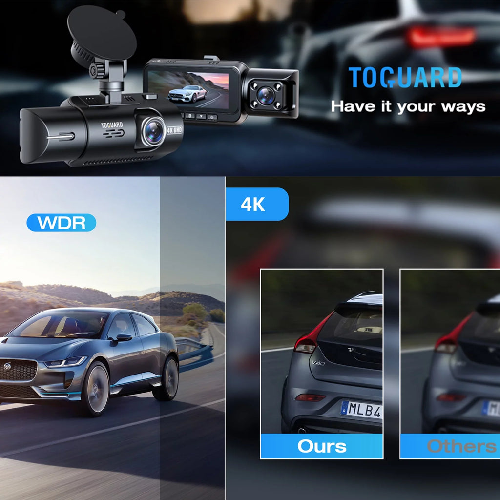 Front Dual IR Dash Max, and Camera 3.16" Support 4K Wide 170° Display, Vision, GPS Cam TOGUARD 256GB Black Angle, Night Inside Dash with Car