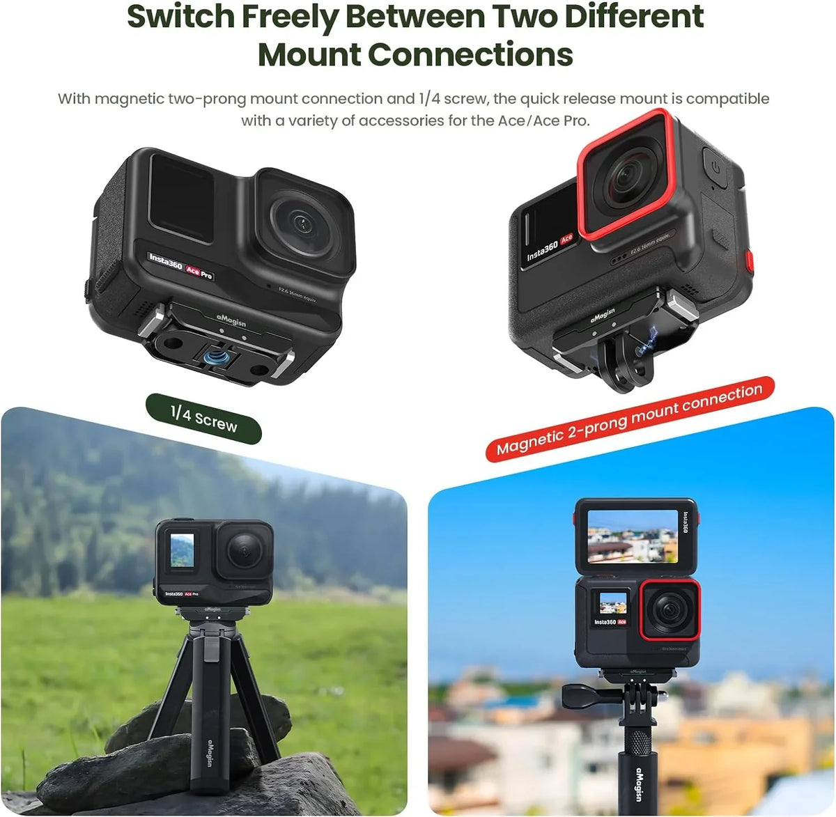 Pro and Pro Insta360 for Mount, Insta360 Prong Release Ace 1/4 Mount Thread Magnetic Ace GAEKOL / Snap-On Mount Quick 2 Ace Insta360