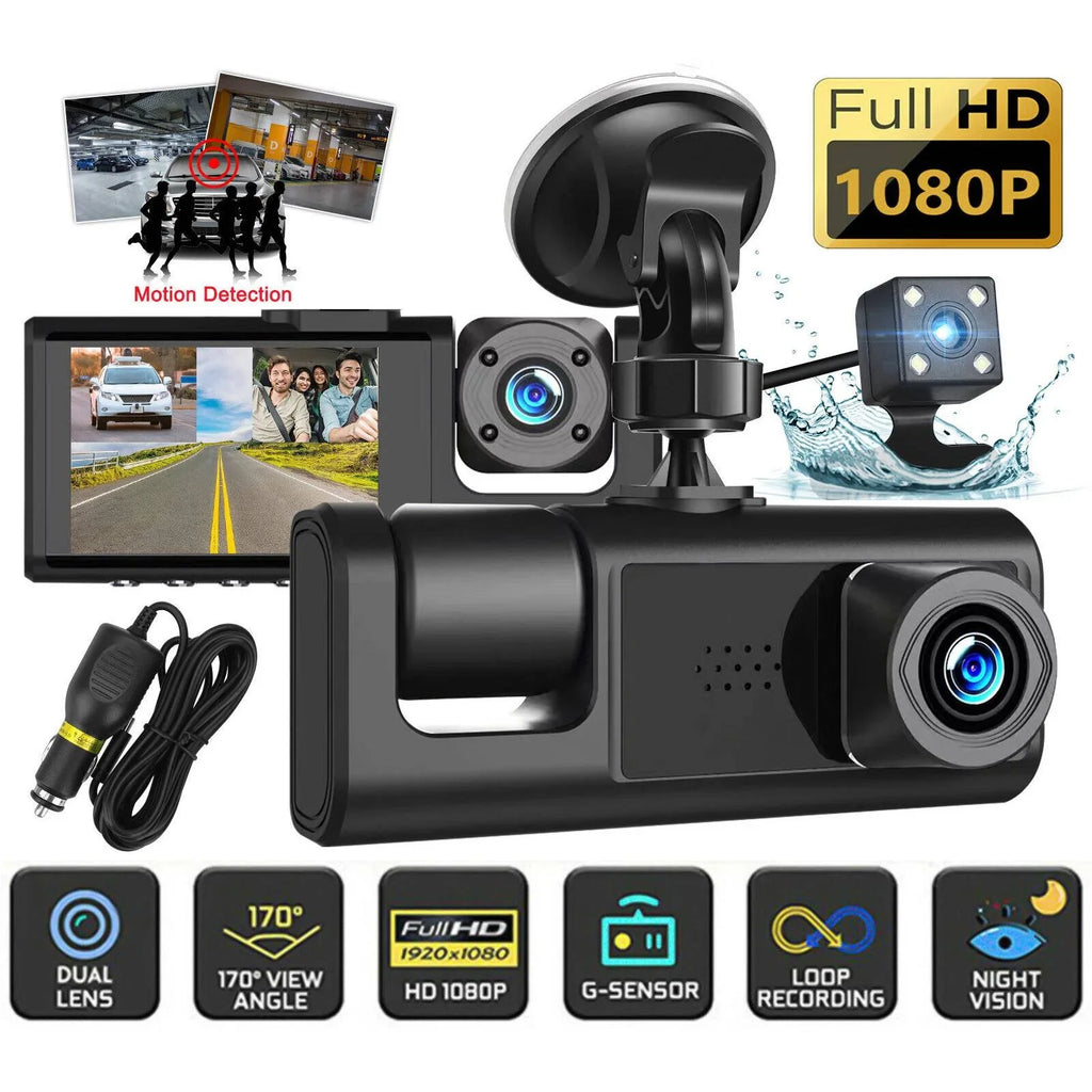 Cam Car G-sensor HD Dash Lens Recorder Dual Front/Rear/Inside Camera Video 1080P