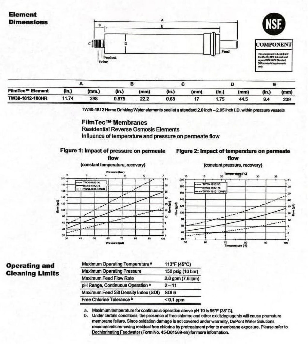 High Undersink System Membrane Osmosis TW30-1812-100HR (RO) 100 For TFC Rejection GPD Reverse